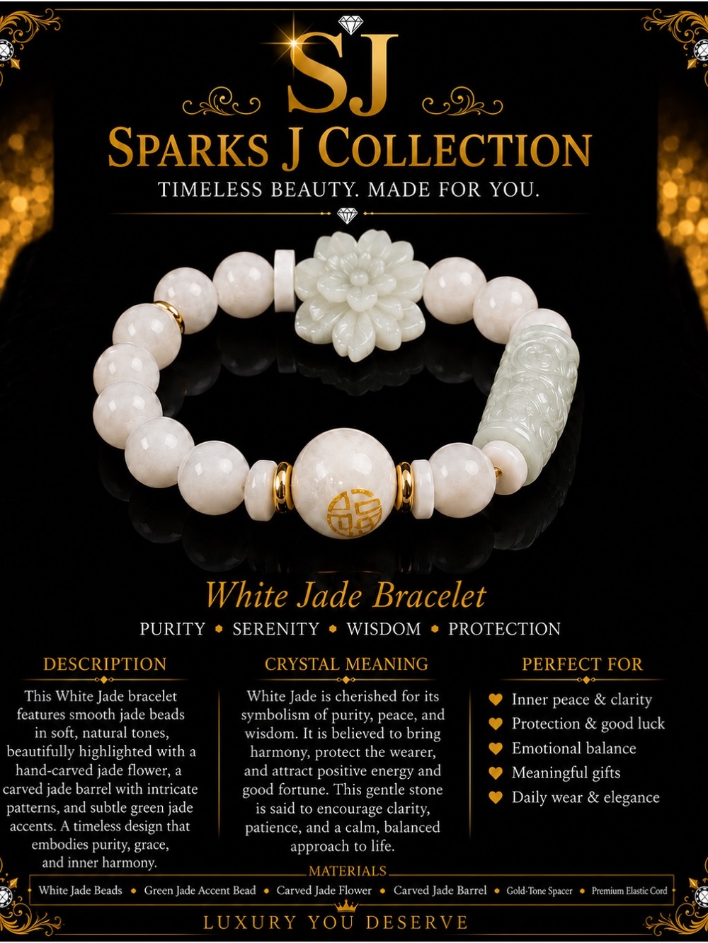 White Jade Bracelet with Carved Flower